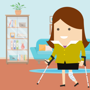 Ilustración de una dama en casa con muletas con una rodilla vendada después de la cirugía.