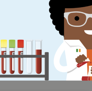 Ilustração de uma mulher em uma amostras de sangue de teste de laboratório.