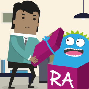 Illustration of a man putting a lid down over a monster that's going back into a box labelled 'RA'.
