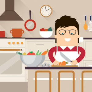 Illustration of someone cutting vegetables and making a meal in a household kitchen.