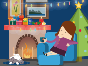 Illustration of a woman sitting in an armchair by a fireplace at Christmas time.