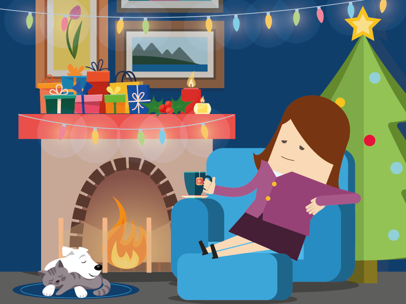 Illustration einer Frau, die zur Weihnachtszeit in einem Sessel am Kamin sitzt.